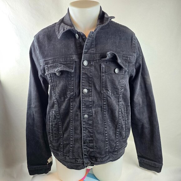 True Religion Jacket Mens Large Black Denim Trucker Casual Rocker Grunge Stretch - Picture 1 of 11